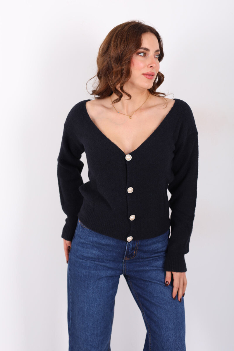 V Yaka Düğmeli Yumoş Siyah Kadın Triko Hırka - 3