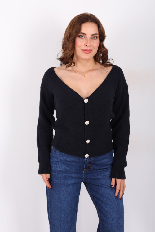 V Yaka Düğmeli Yumoş Siyah Kadın Triko Hırka - 6