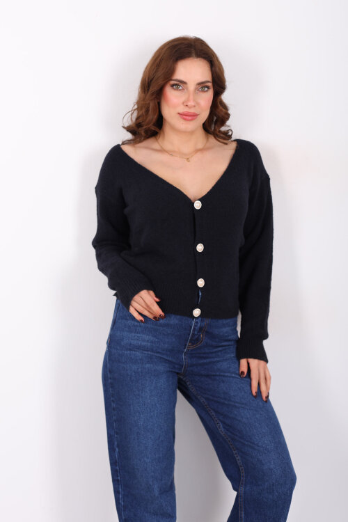 V Yaka Düğmeli Yumoş Siyah Kadın Triko Hırka - Berox