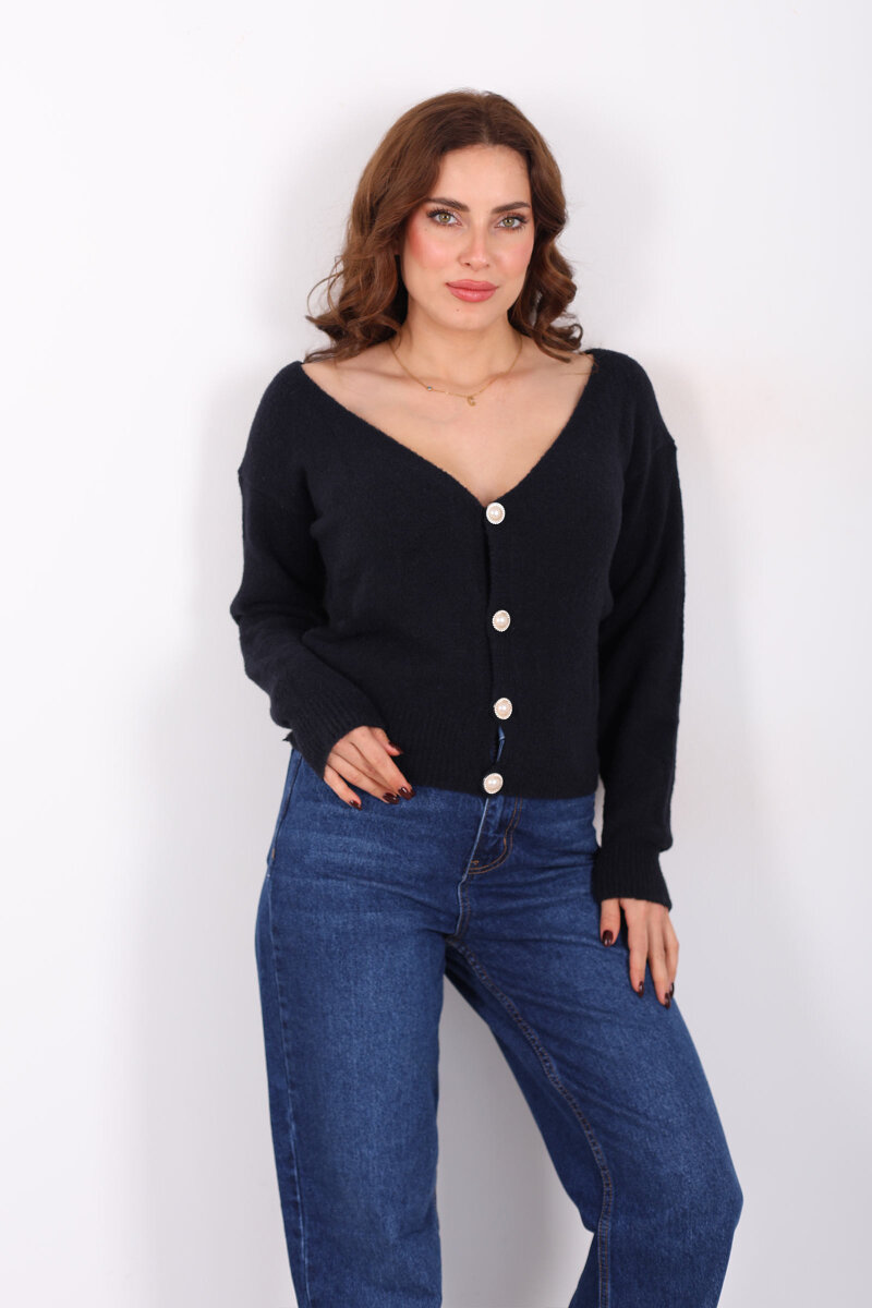 V Yaka Düğmeli Yumoş Siyah Kadın Triko Hırka - 1