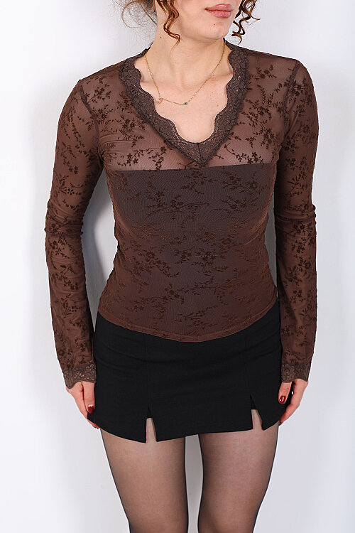 V-Yaka Güpürlü Çiçek Baskılı Transparan Kahverengi Kadın Bluz - Berox (1)