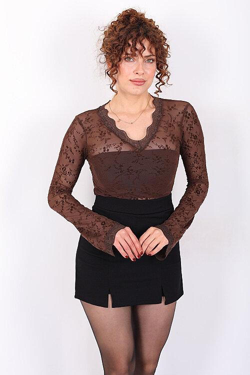 V-Yaka Güpürlü Çiçek Baskılı Transparan Kahverengi Kadın Bluz - 4