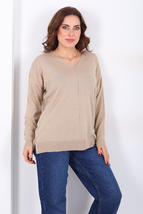V Yaka Kadın Triko Bej Bluz - 3