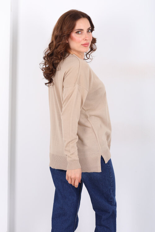 V Yaka Kadın Triko Bej Bluz - 4