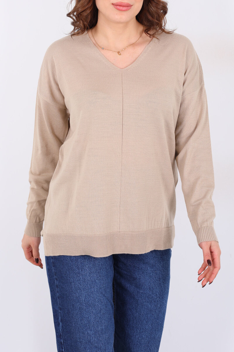 V Yaka Kadın Triko Bej Bluz - 2