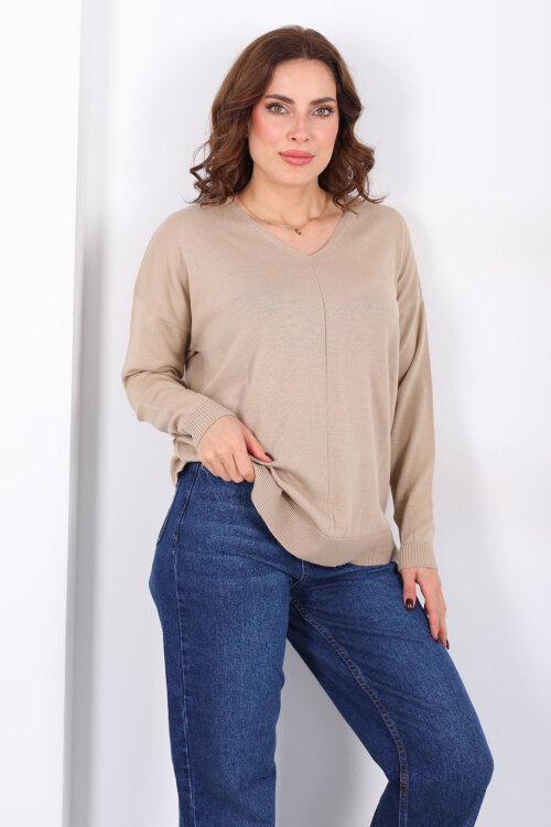 V Yaka Kadın Triko Bej Bluz - Berox