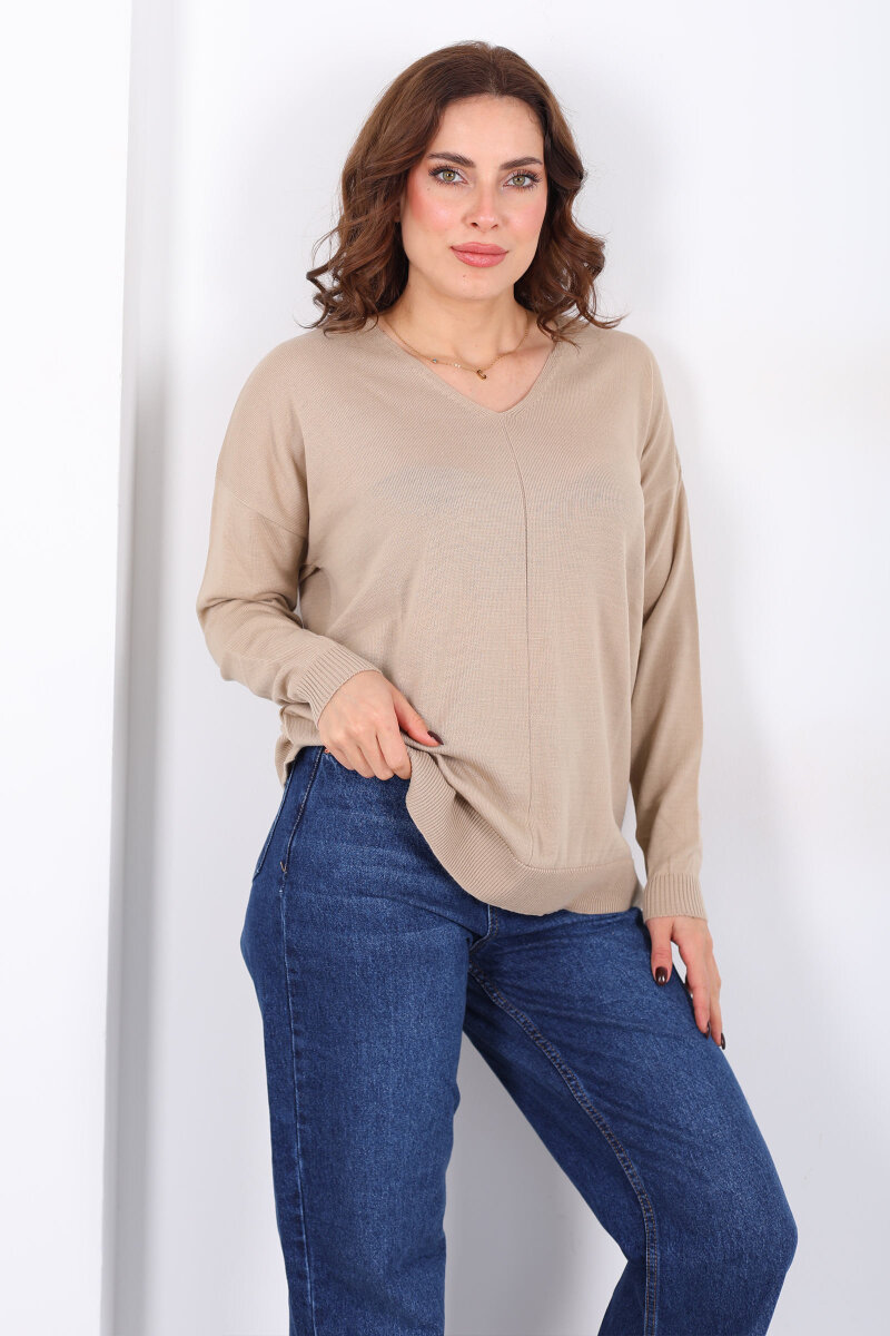 V Yaka Kadın Triko Bej Bluz - 1