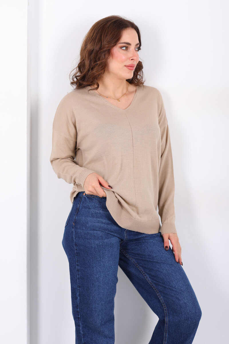 V Yaka Kadın Triko Bej Bluz - 5