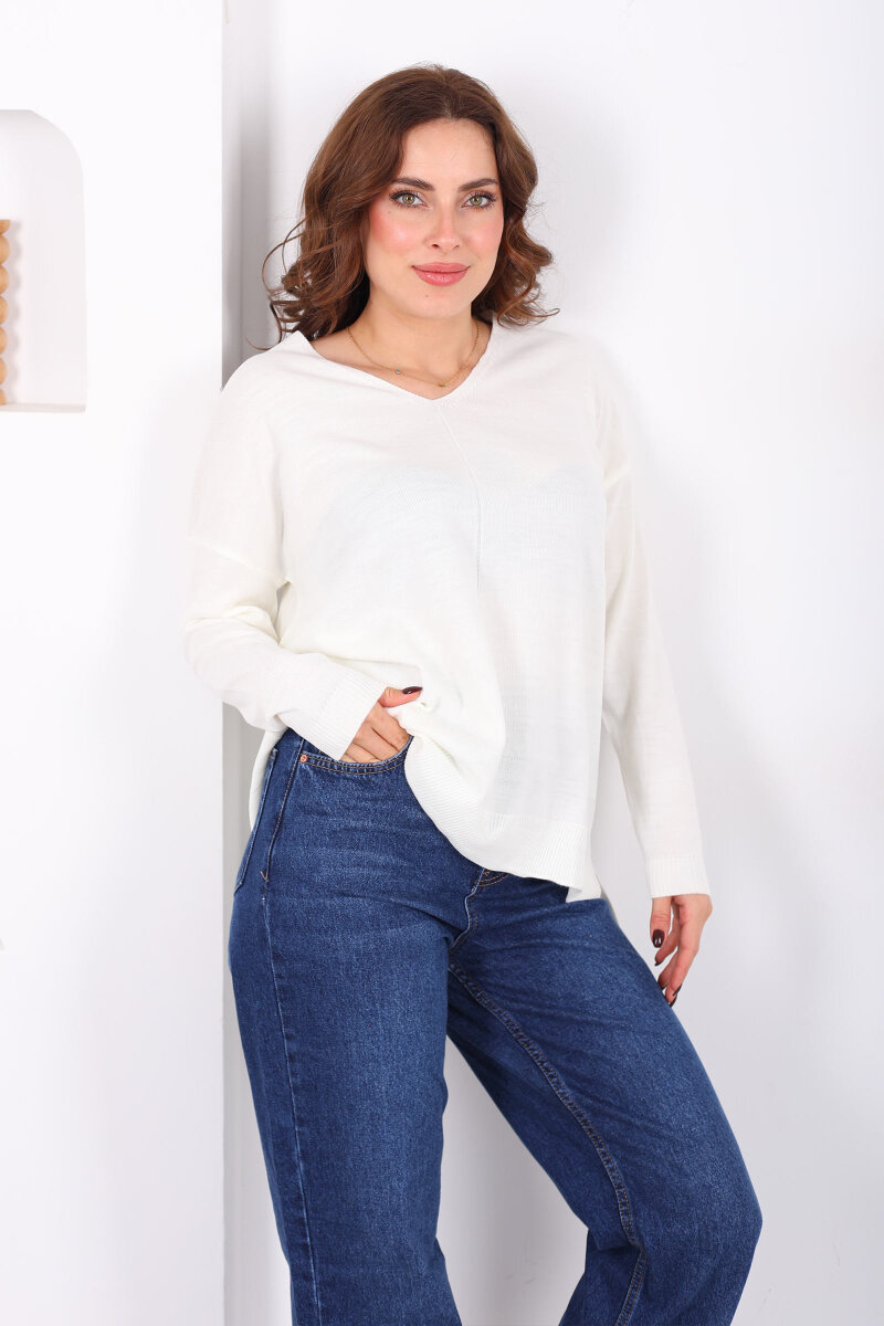 V Yaka Kadın Triko Ekru Bluz - 6