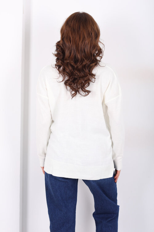 V Yaka Kadın Triko Ekru Bluz - 5