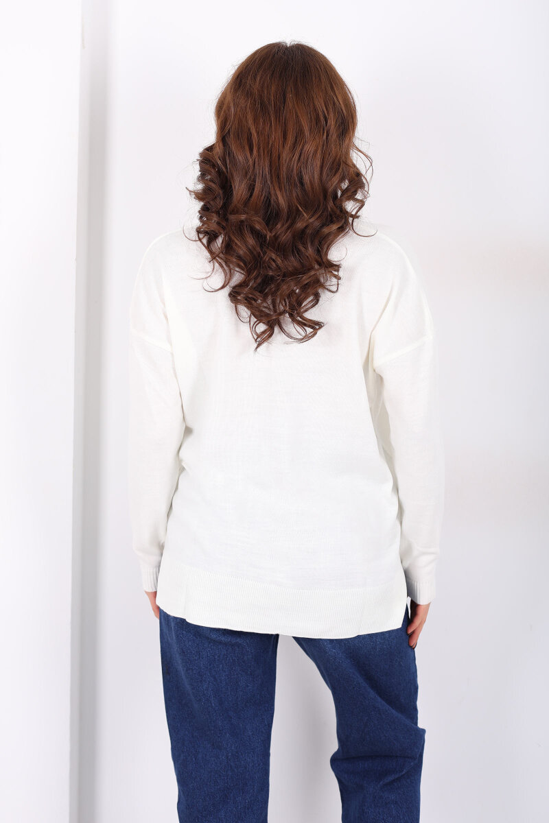 V Yaka Kadın Triko Ekru Bluz - 5