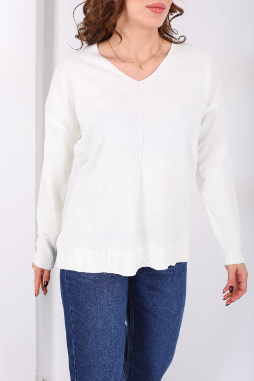 V Yaka Kadın Triko Ekru Bluz - Berox (1)