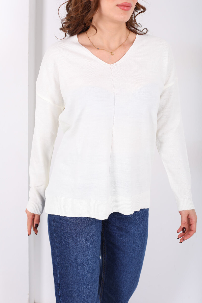 V Yaka Kadın Triko Ekru Bluz - 2