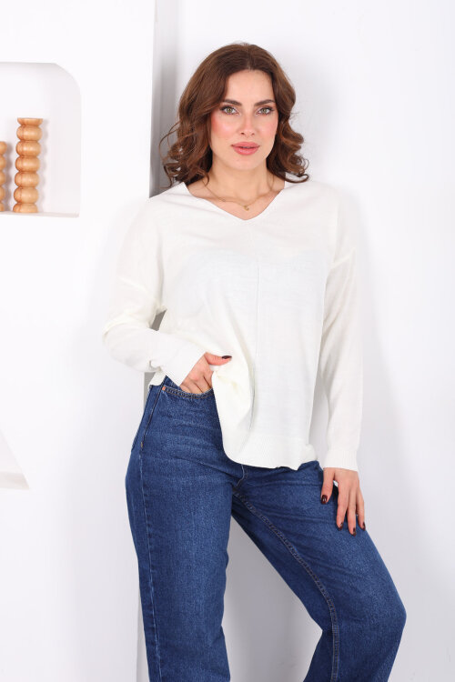 V Yaka Kadın Triko Ekru Bluz - 3