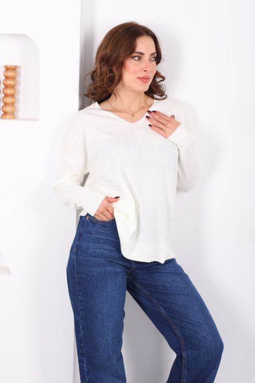 V Yaka Kadın Triko Ekru Bluz - Berox