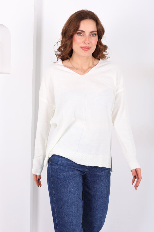V Yaka Kadın Triko Ekru Bluz - 4