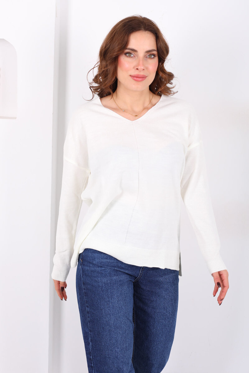 V Yaka Kadın Triko Ekru Bluz - 4