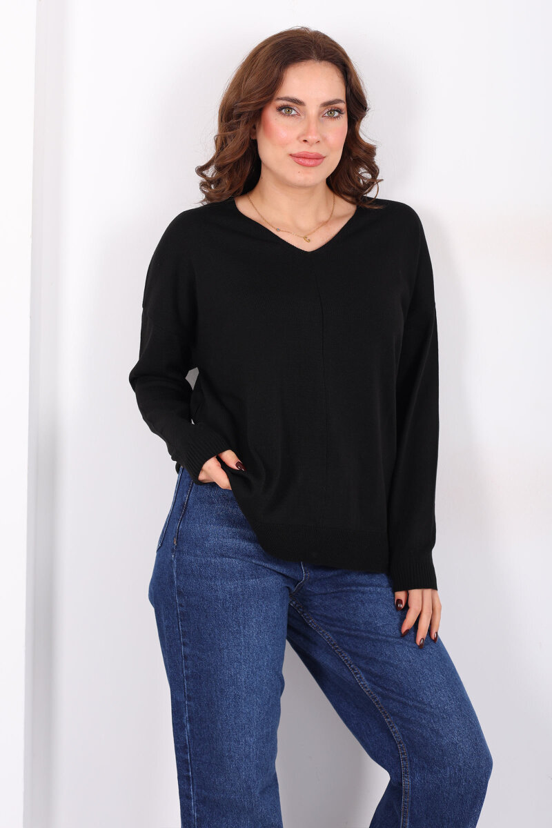 V Yaka Kadın Triko Siyah Bluz - 3