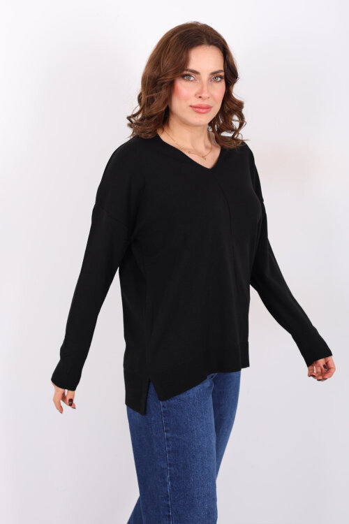 V Yaka Kadın Triko Siyah Bluz - Berox