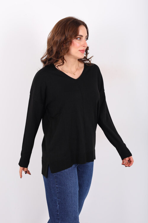 V Yaka Kadın Triko Siyah Bluz - 4