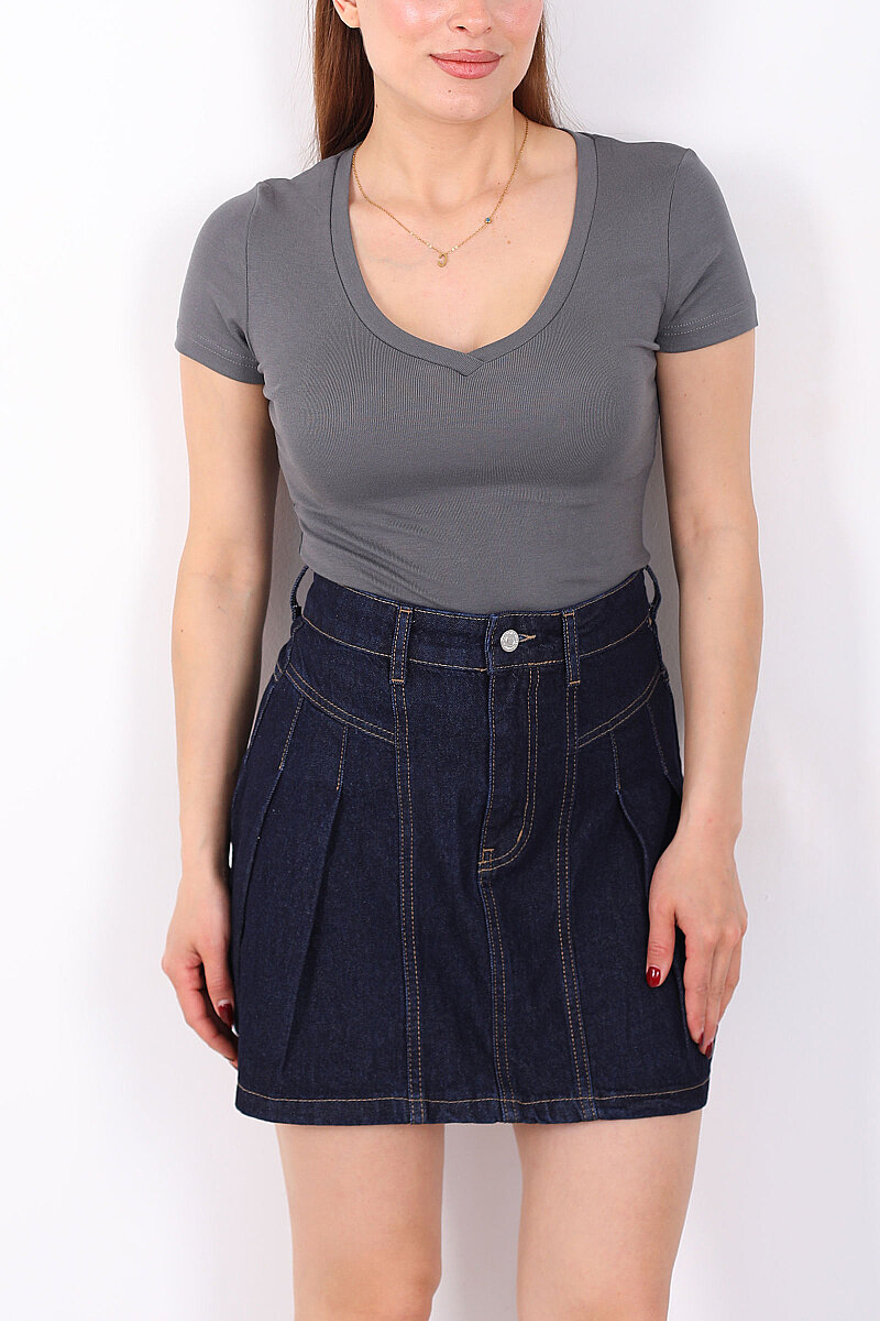 V Yaka Kısa Kol Kadın Antrasit Basic Body - 2