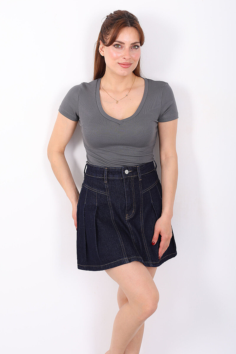 V Yaka Kısa Kol Kadın Antrasit Basic Body - 1