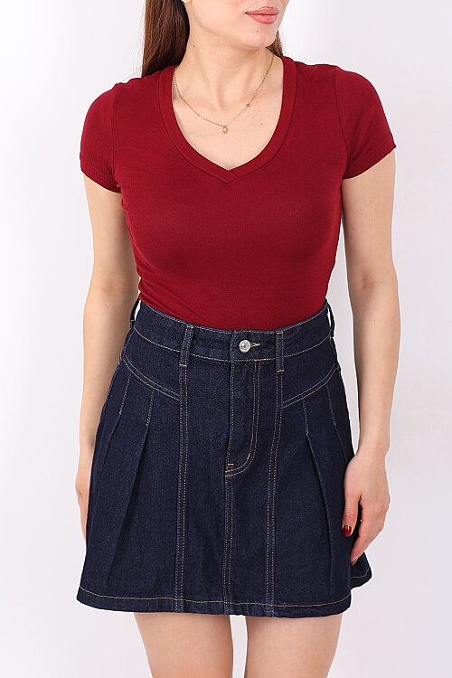 V Yaka Kısa Kol Kadın Bordo Basic Body - Berox (1)