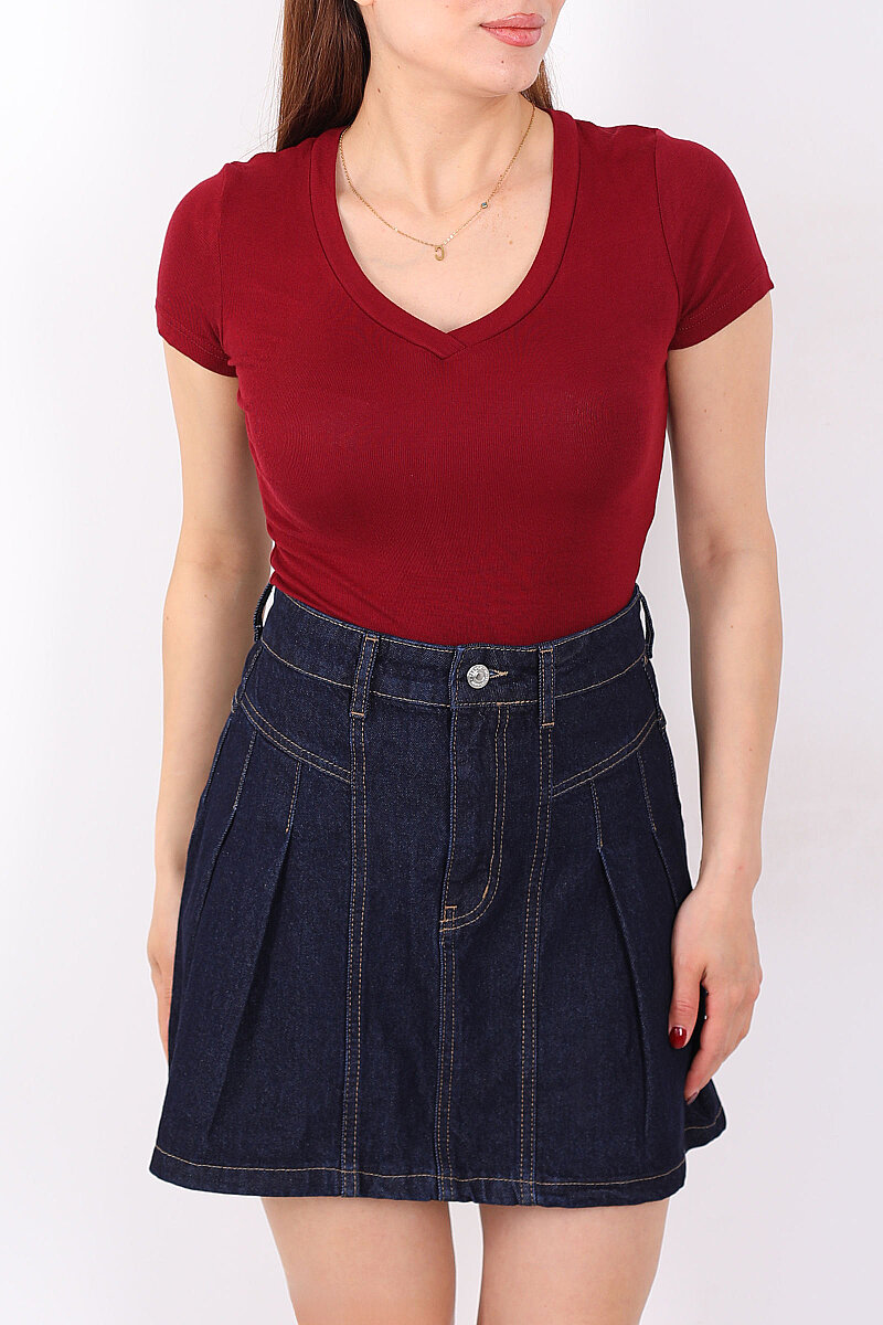 V Yaka Kısa Kol Kadın Bordo Basic Body - 2