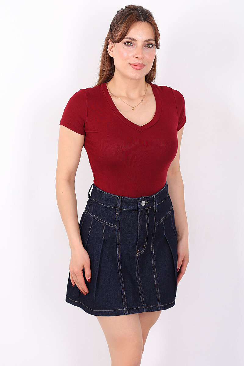V Yaka Kısa Kol Kadın Bordo Basic Body - 5