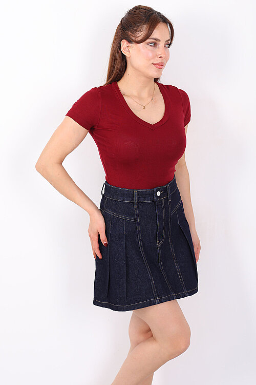 V Yaka Kısa Kol Kadın Bordo Basic Body - Berox