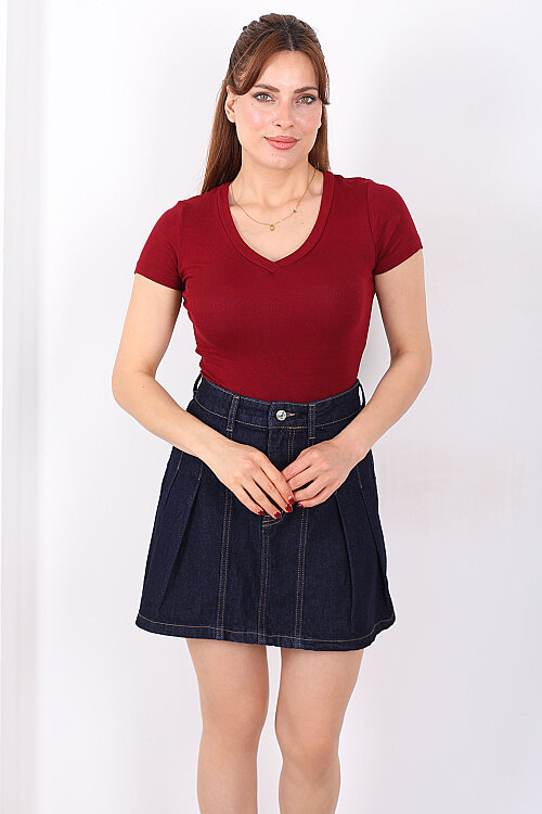 V Yaka Kısa Kol Kadın Bordo Basic Body - 3
