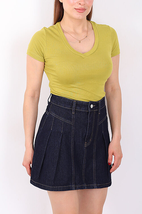 V Yaka Kısa Kol Kadın Fıstık Yeşili Basic Body - Berox (1)