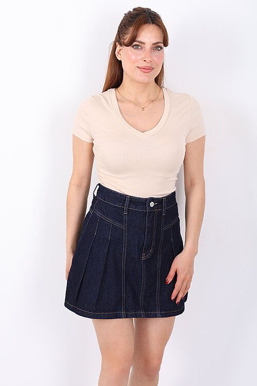 V Yaka Kısa Kol Kadın Krem Basic Body - 3