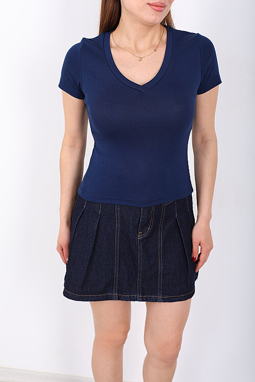 V Yaka Kısa Kol Kadın Lacivert Basic Body - Berox (1)