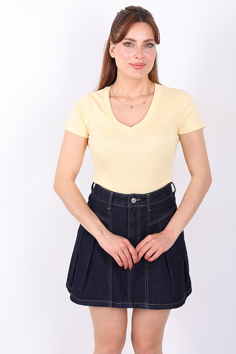 V Yaka Kısa Kol Kadın Sarı Basic Body - 3