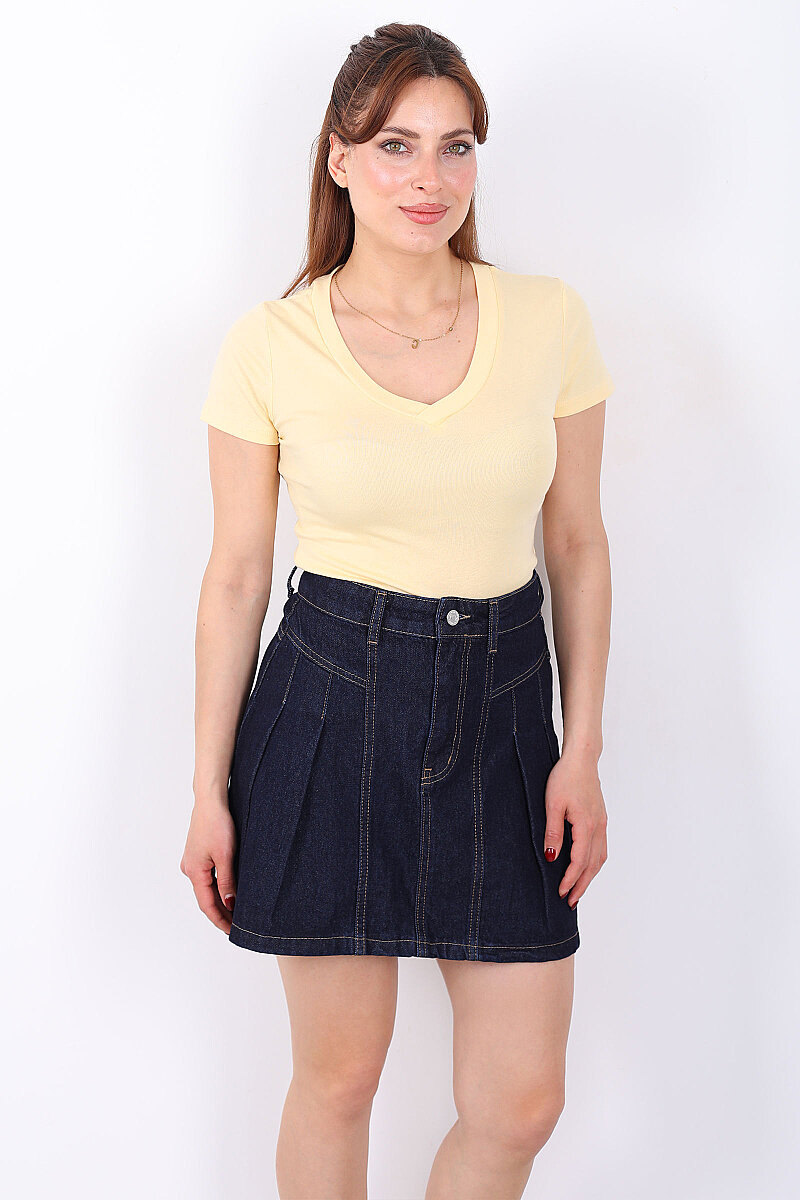V Yaka Kısa Kol Kadın Sarı Basic Body - 5