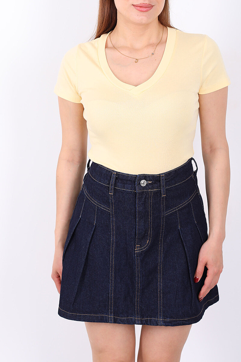 V Yaka Kısa Kol Kadın Sarı Basic Body - 2