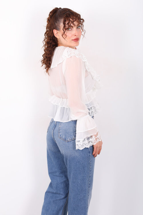 V Yaka Önü Bağlamalı Güpürlü Şifon Beyaz Kadın Bluz - 5