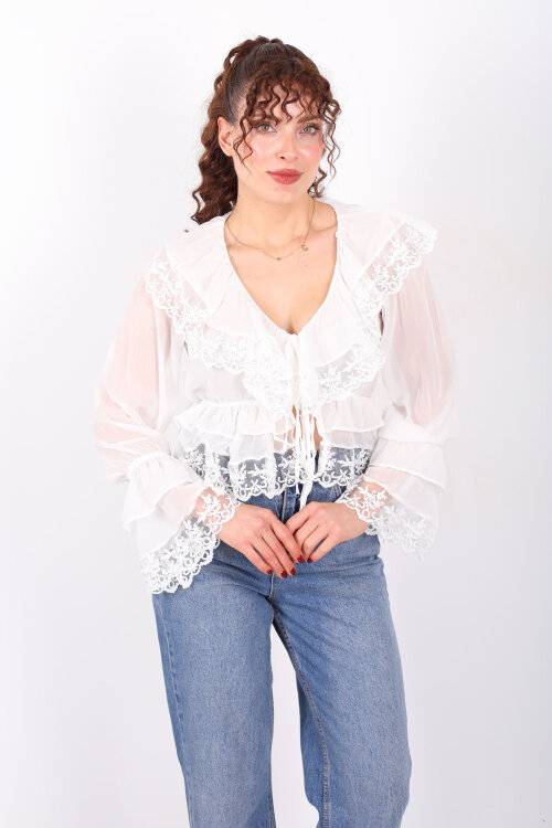 V Yaka Önü Bağlamalı Güpürlü Şifon Beyaz Kadın Bluz - 6