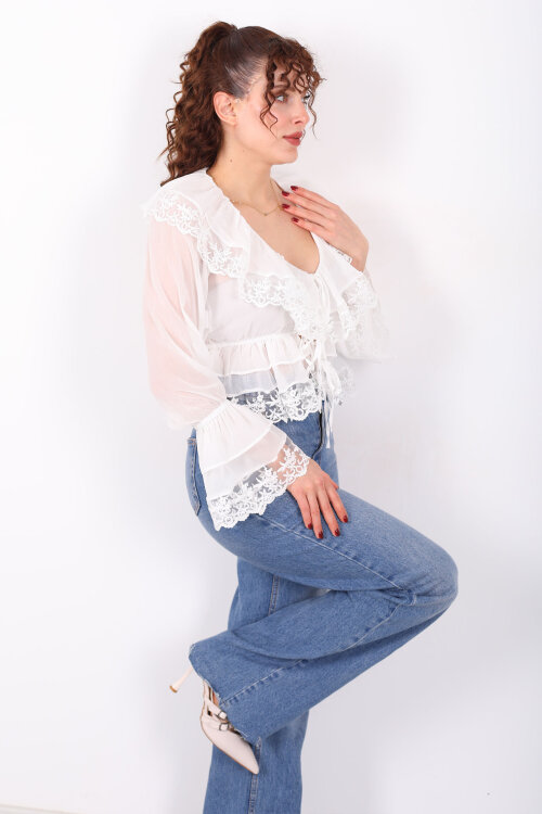 V Yaka Önü Bağlamalı Güpürlü Şifon Beyaz Kadın Bluz - 4