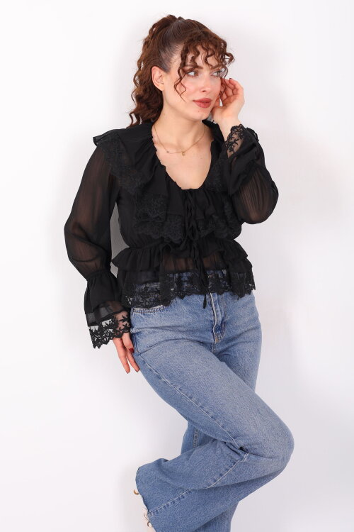 V Yaka Önü Bağlamalı Güpürlü Şifon Siyah Kadın Bluz - Berox