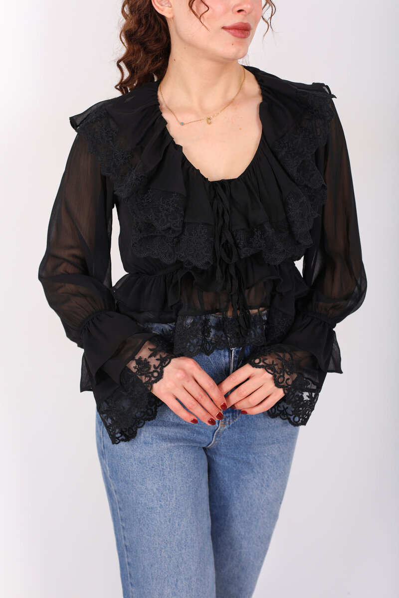 V Yaka Önü Bağlamalı Güpürlü Şifon Siyah Kadın Bluz - 2