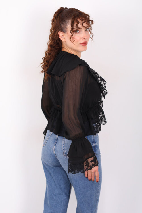 V Yaka Önü Bağlamalı Güpürlü Şifon Siyah Kadın Bluz - 5