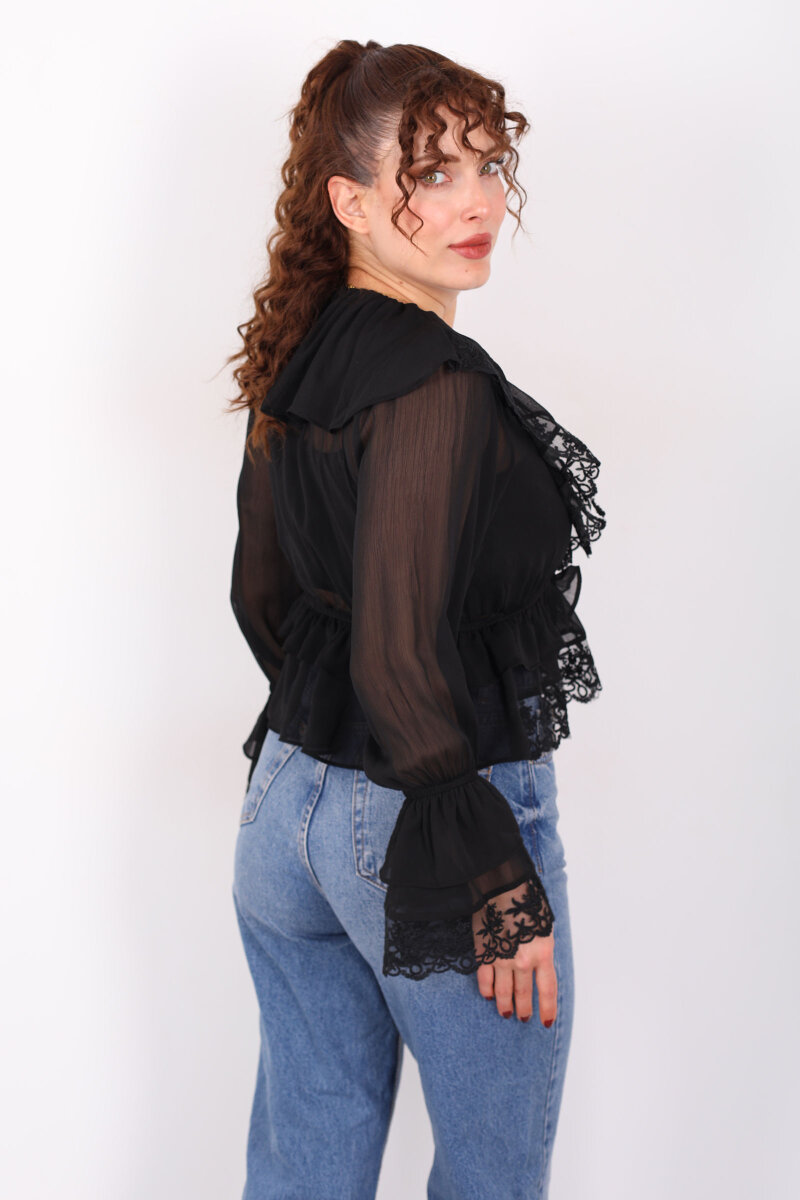 V Yaka Önü Bağlamalı Güpürlü Şifon Siyah Kadın Bluz - 5