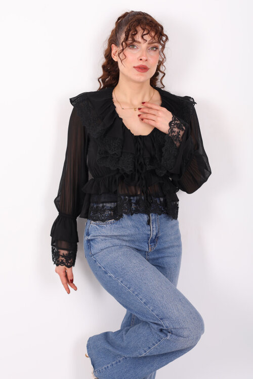 V Yaka Önü Bağlamalı Güpürlü Şifon Siyah Kadın Bluz - 4