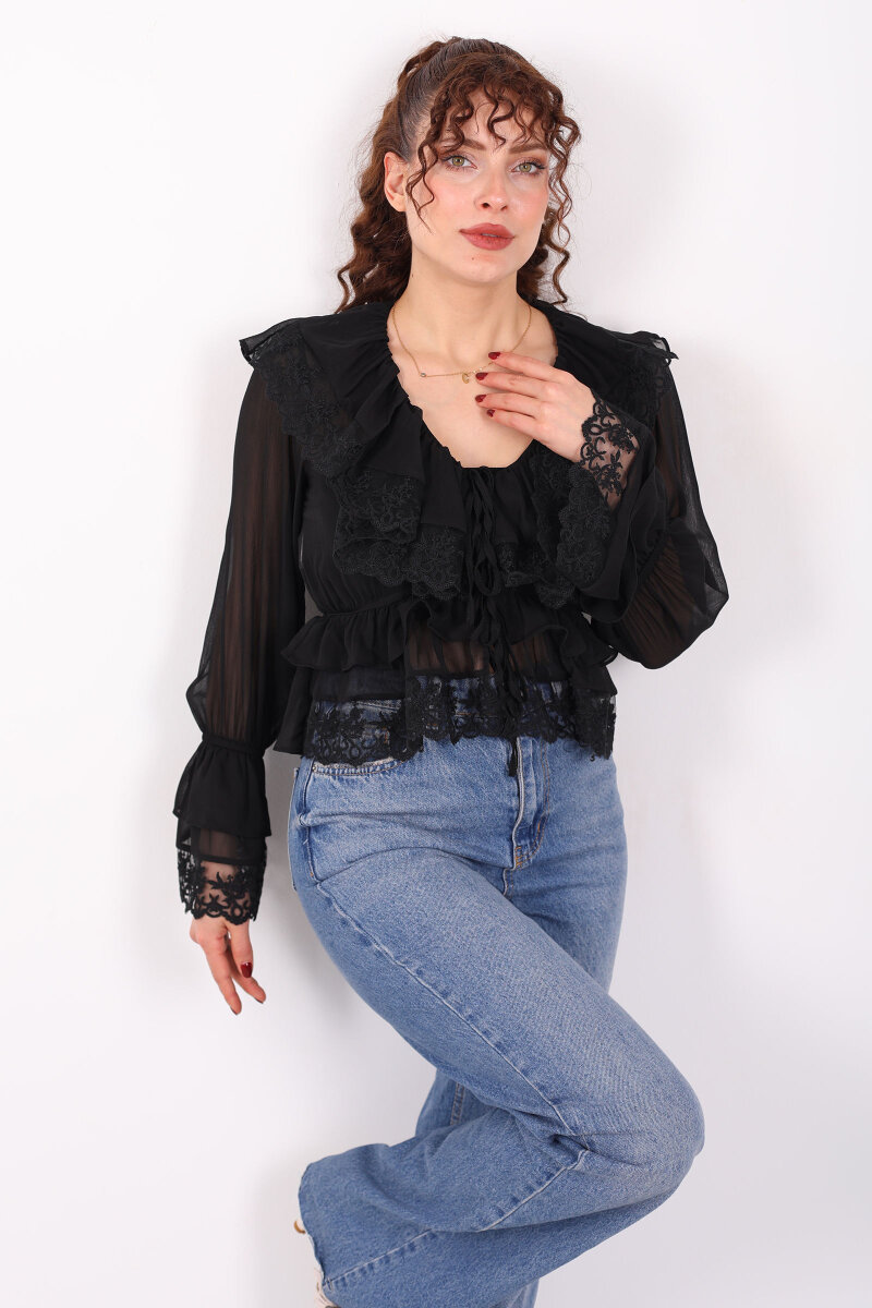 V Yaka Önü Bağlamalı Güpürlü Şifon Siyah Kadın Bluz - 4