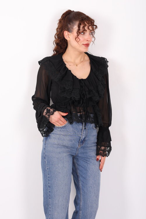 V Yaka Önü Bağlamalı Güpürlü Şifon Siyah Kadın Bluz - 3