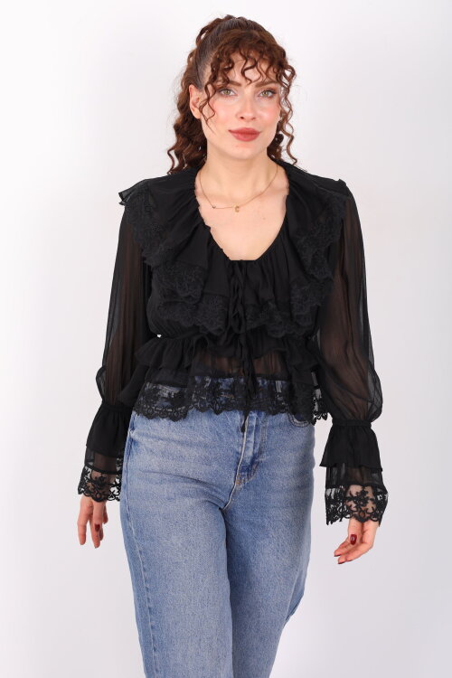 V Yaka Önü Bağlamalı Güpürlü Şifon Siyah Kadın Bluz - 6