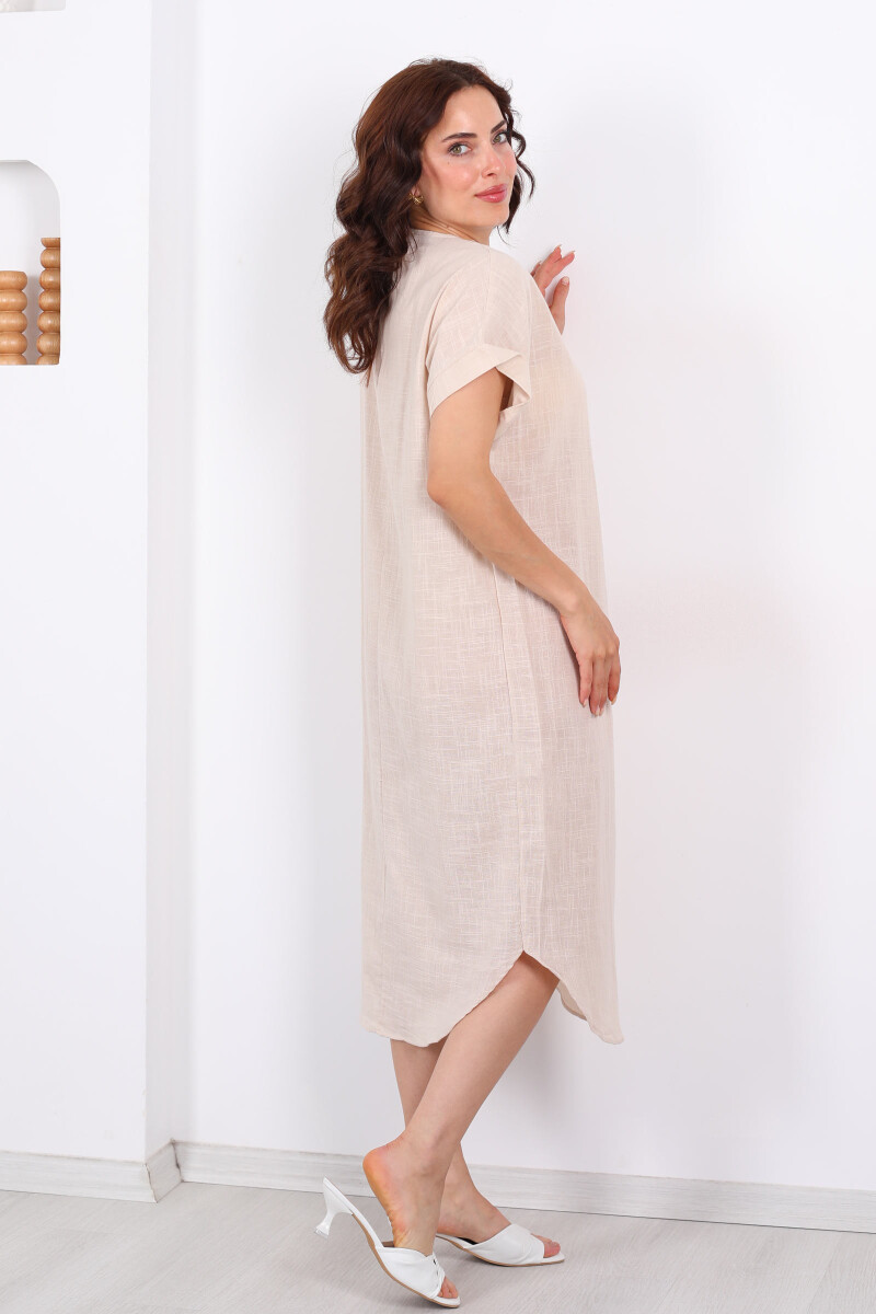 V Yaka Oversize Bej Kadın Keten Elbise - 6