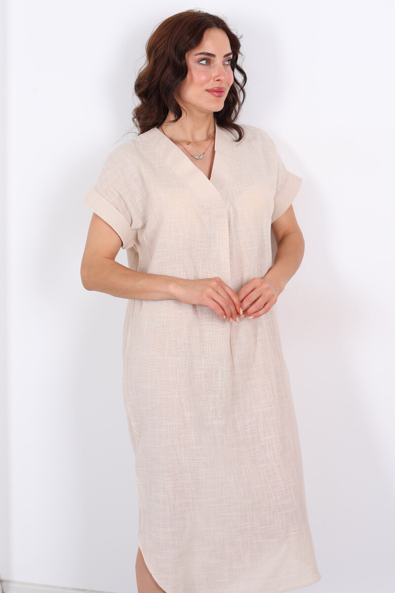 V Yaka Oversize Bej Kadın Keten Elbise - 3